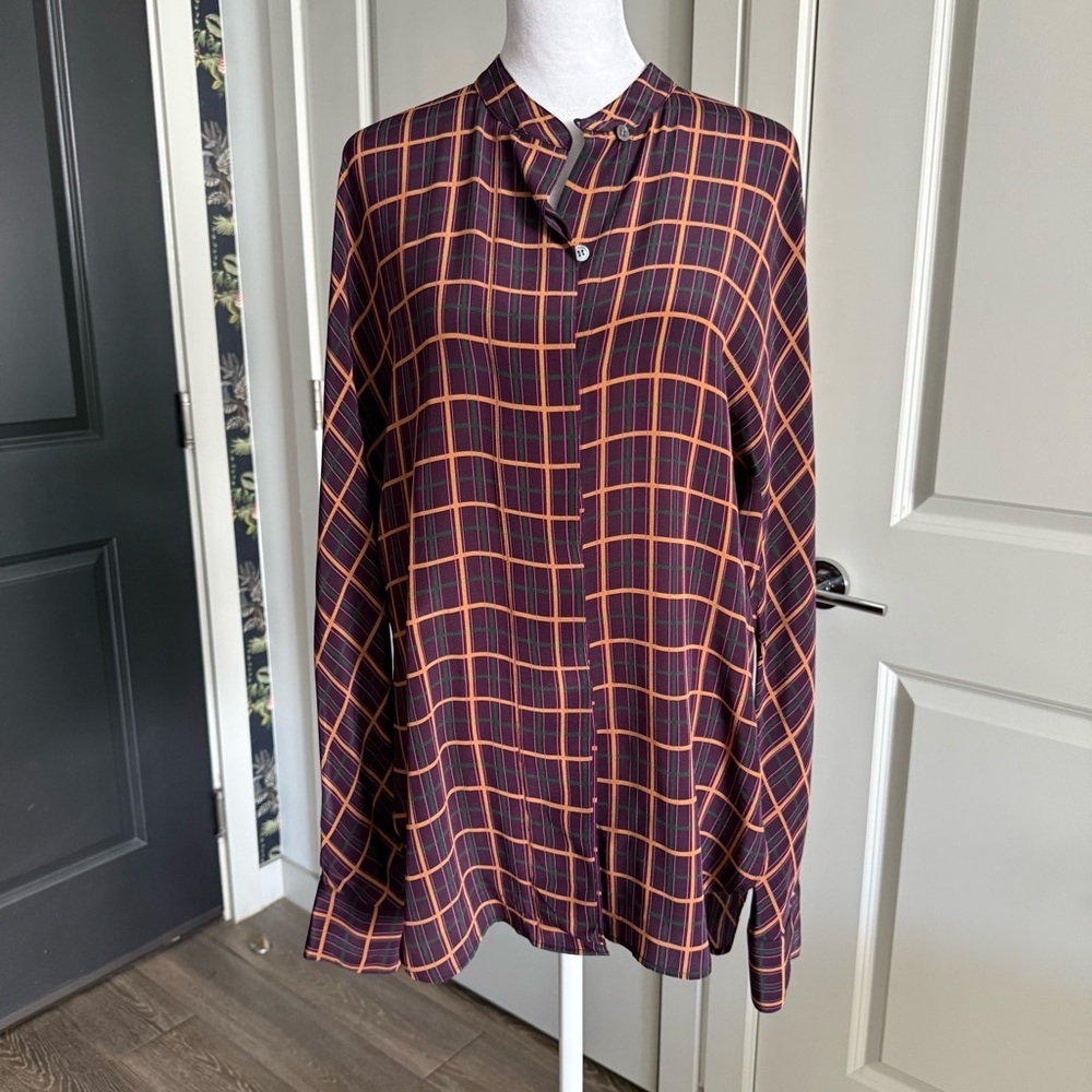 Theory Plaid Multicolored 100% Silk Long Sleeve Button Down Blouse Size M
